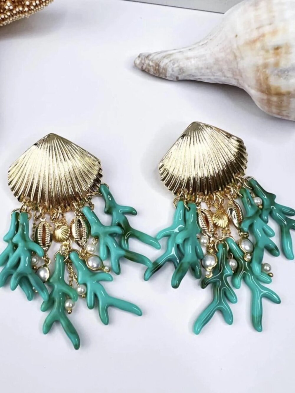 Gold Shell & Turquoise Coral Statement Earrings Coastal Resort Jewelry